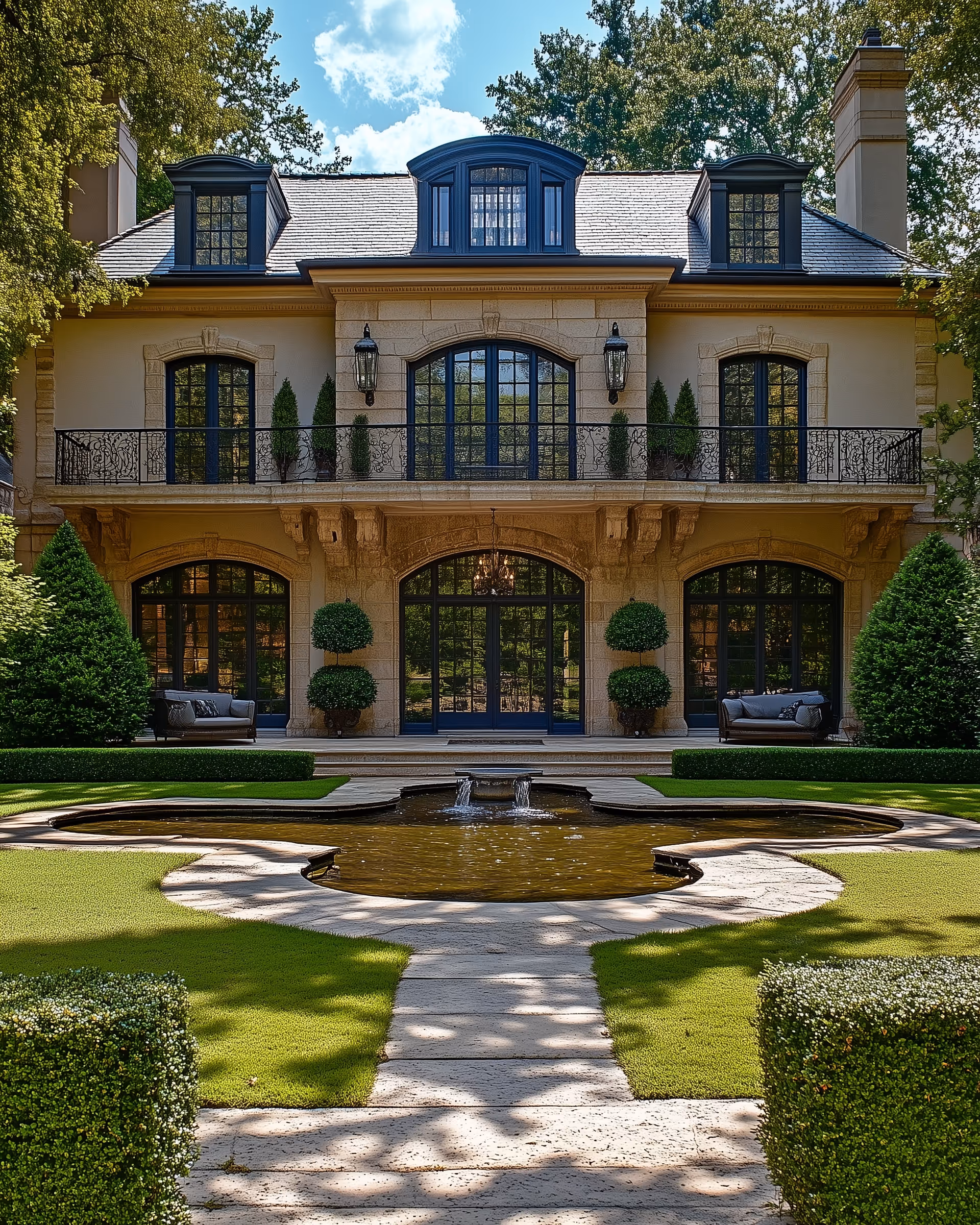 A contemporary house with a water fountain in front.