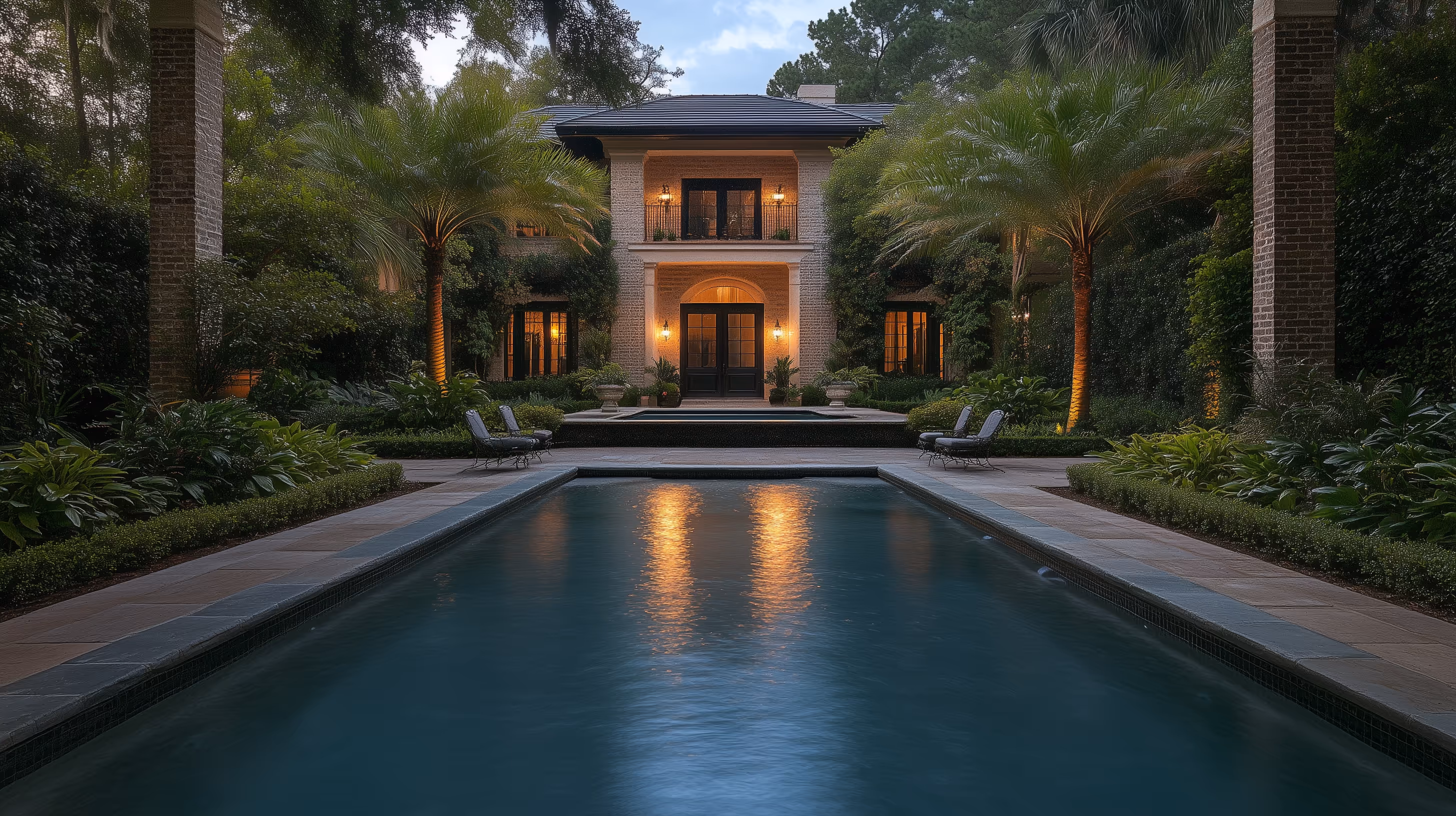 Head on view of a home, from the angle of looking down its pool.