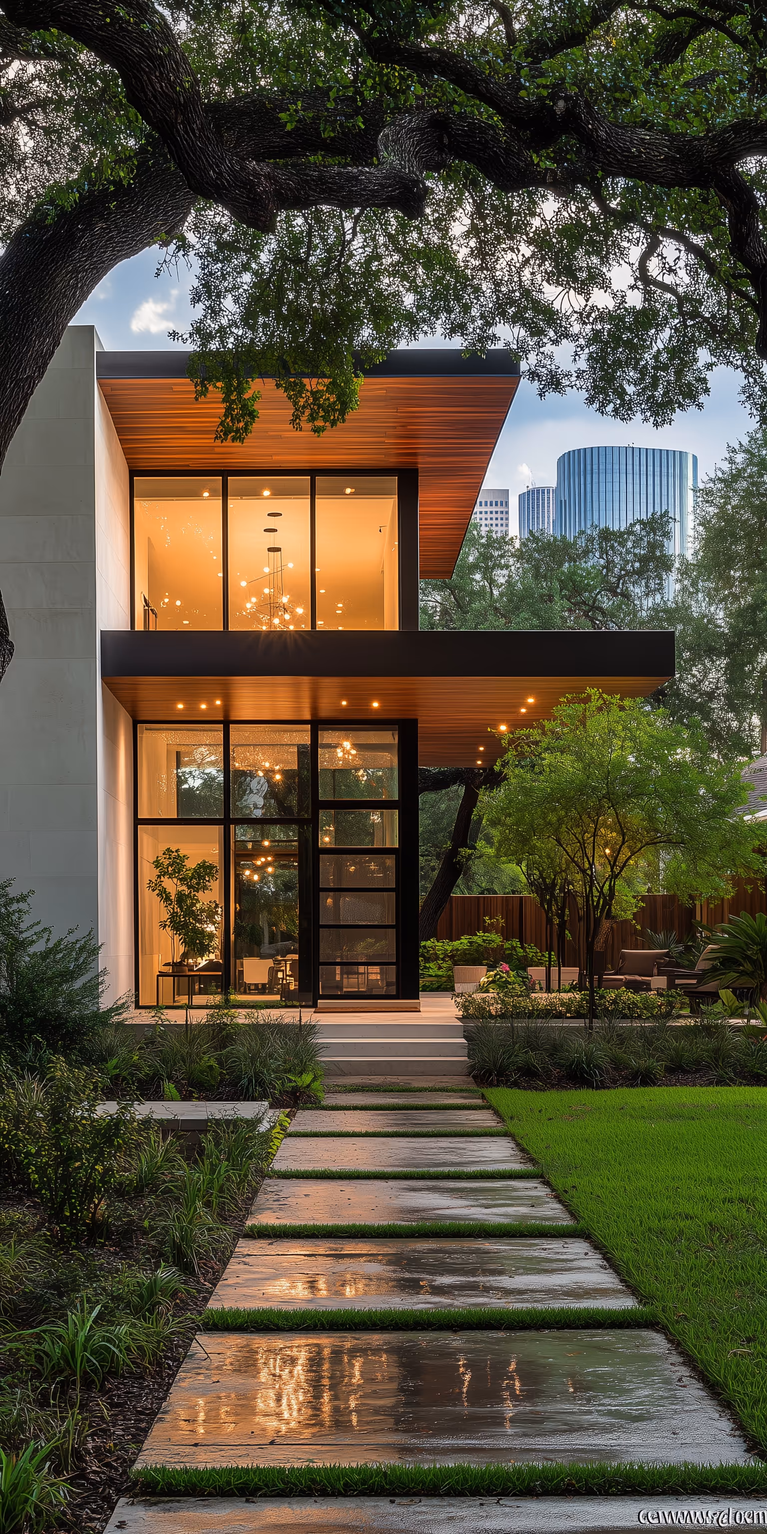 A portrait view of a modern home, with the view of the front steps leading to the home.